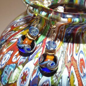 Handcrafted Murano earrings in deep blue and gold